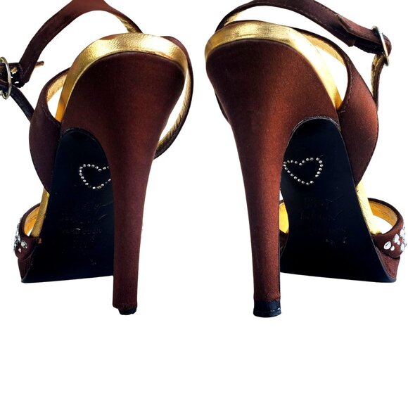 Betsey Johnson Cristie Platform Heels 7 Strappy Rhinestone Brown Gold Open Toe - Picture 10 of 13